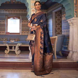 Black Festive Wear Copper Zari Weaving Tussar Silk Saree With Tassels - Peachmode