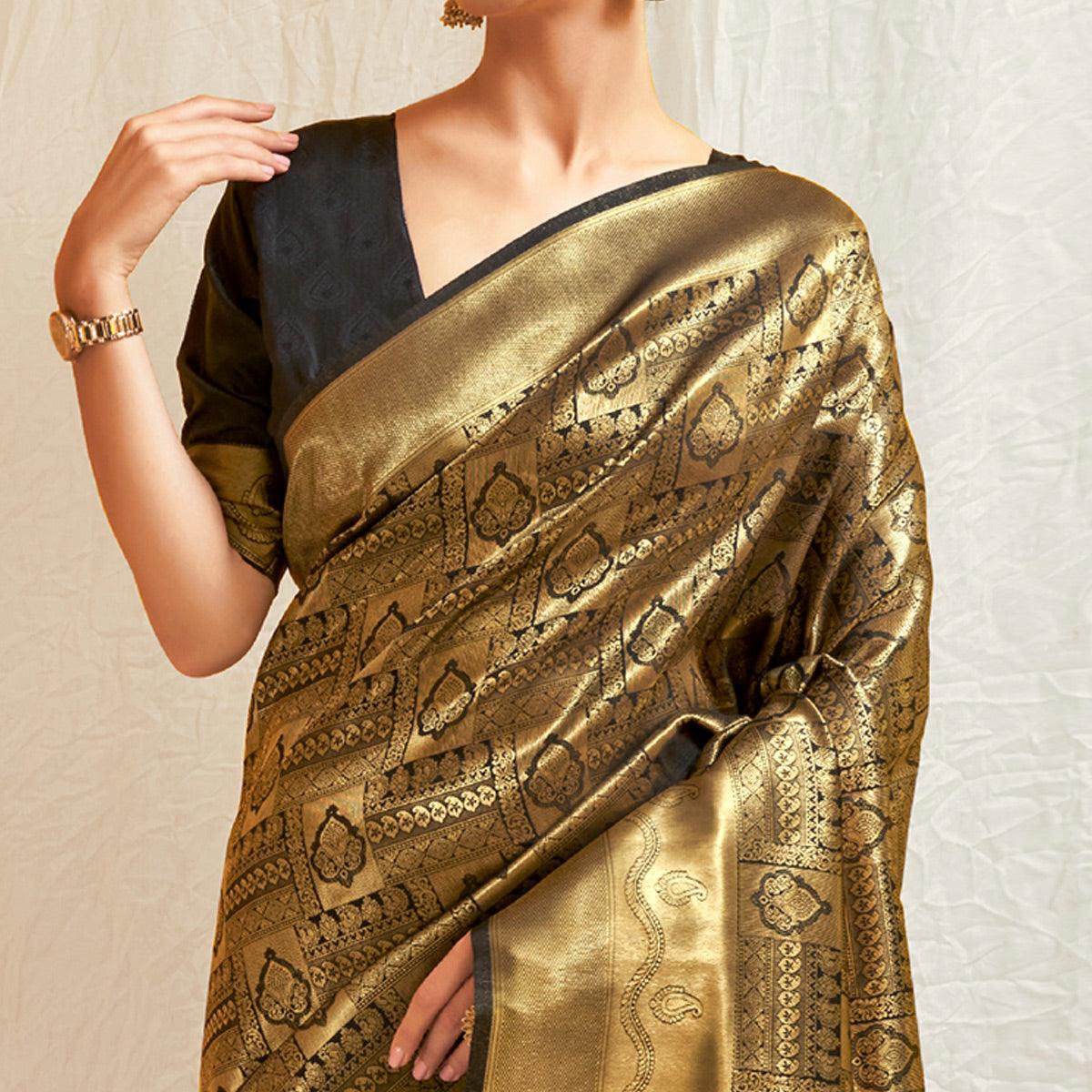 Black Festive Wear Designer Woven Silk Saree - Peachmode