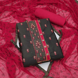 Black Festive Wear Embroidered & Embellished Cotton Dress Material - Peachmode