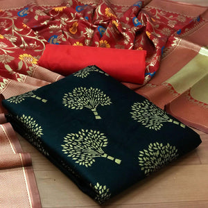 Black Festive Wear Embroidered Banarasi Silk Dress Material - Peachmode