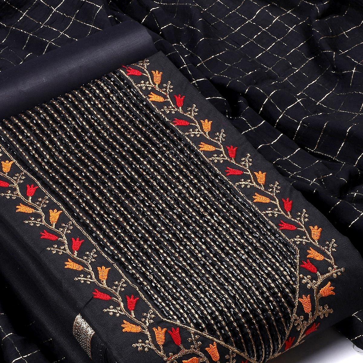 Black Festive Wear Embroidered Cotton Dress Material - Peachmode