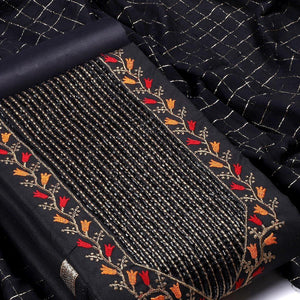 Black Festive Wear Embroidered Cotton Dress Material - Peachmode