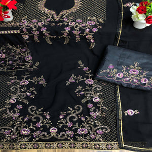 Black Festive Wear Embroidered Faux Georgette Straight Style Palazzo Suit - Peachmode