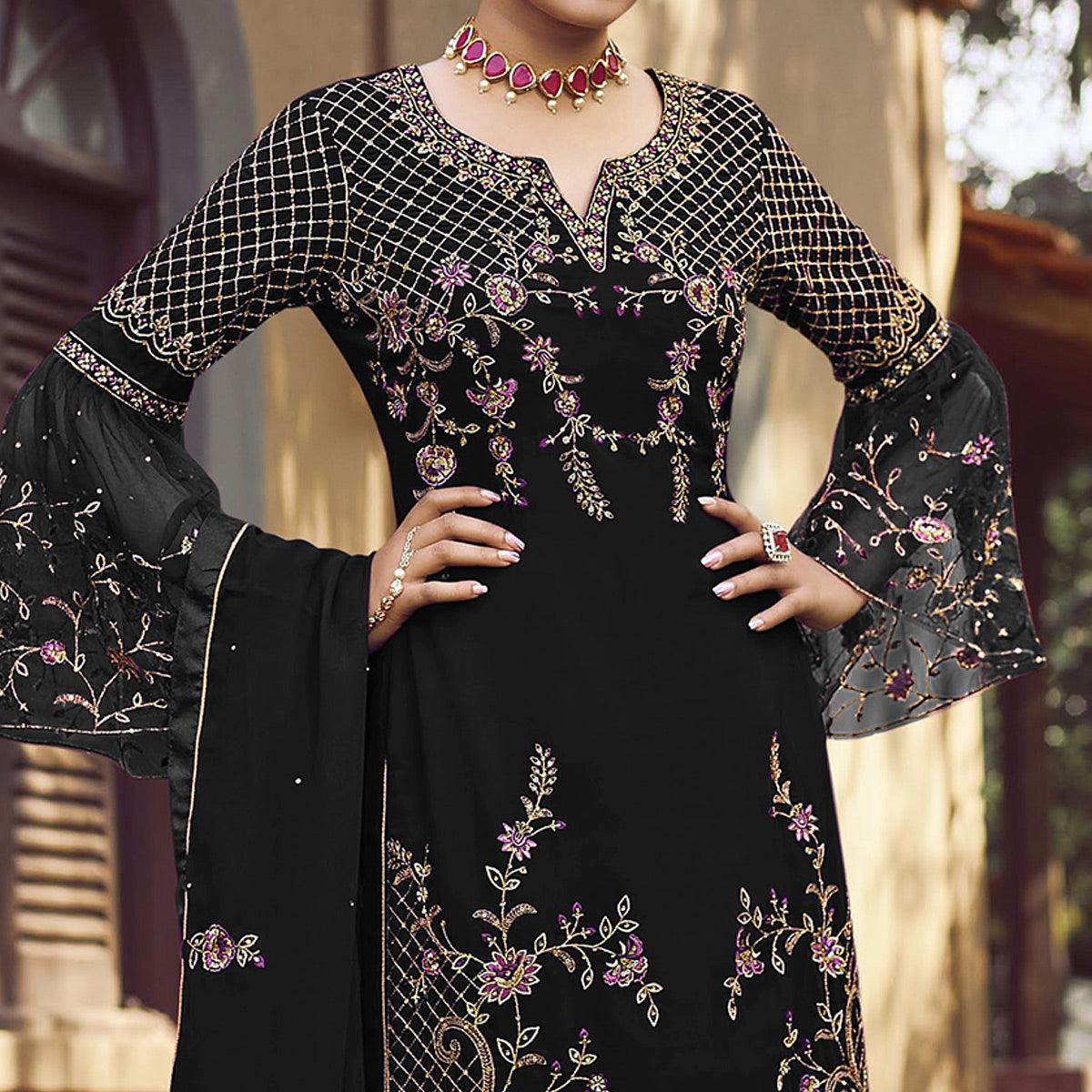 Black Festive Wear Embroidered Faux Georgette Straight Style Palazzo Suit - Peachmode