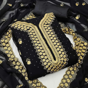 Black Festive Wear Embroidered Georgette Dress Material - Peachmode