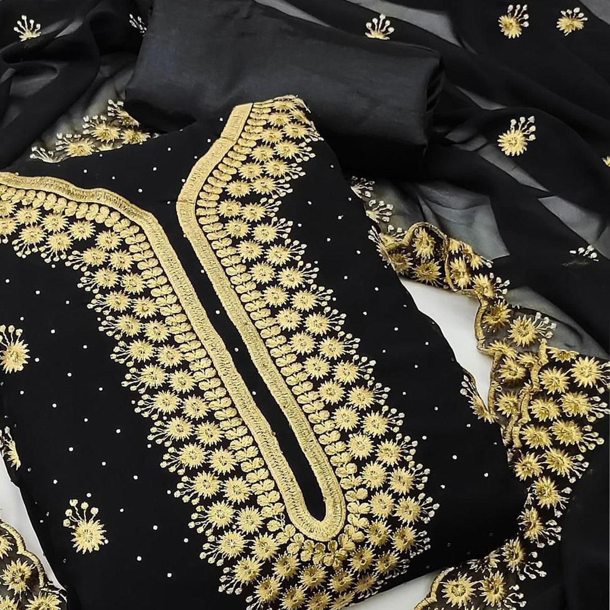 Black Festive Wear Embroidered Georgette Dress Material - Peachmode