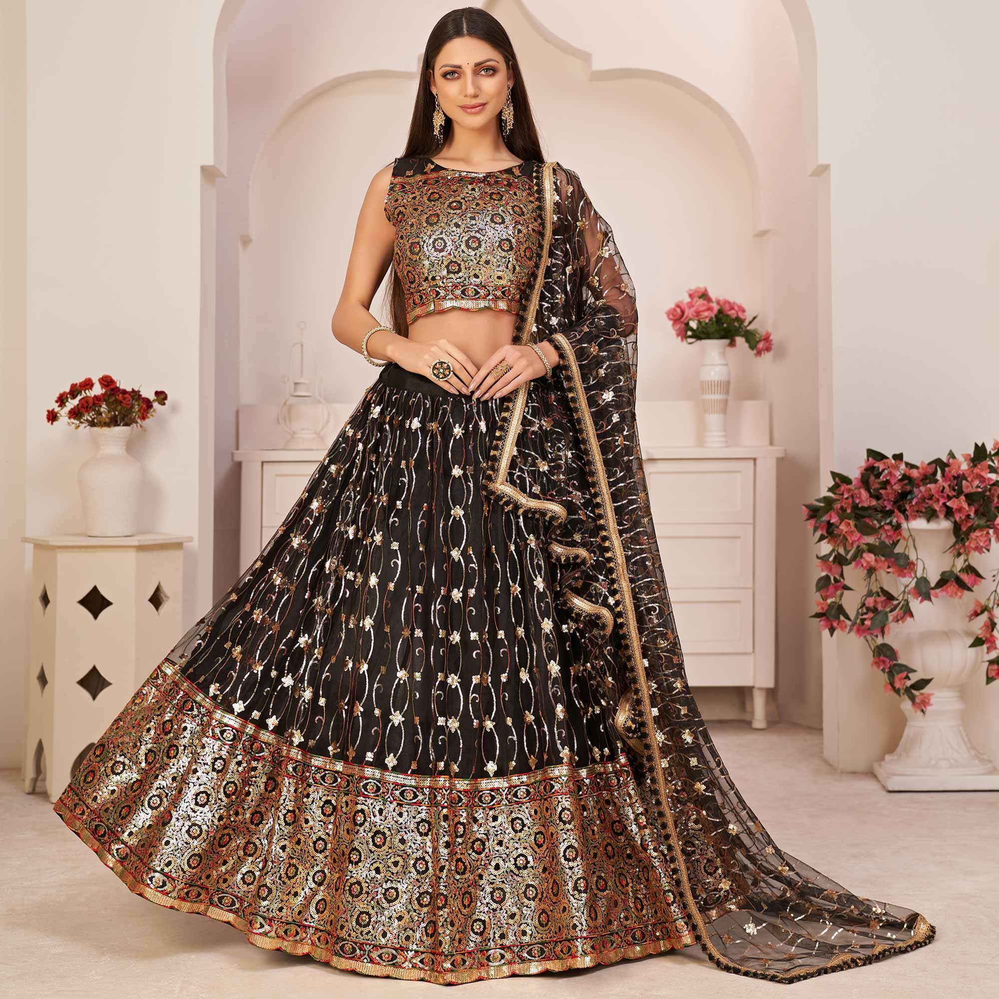 Black Festive Wear Embroidered Mono Net Lehenga Choli - Peachmode