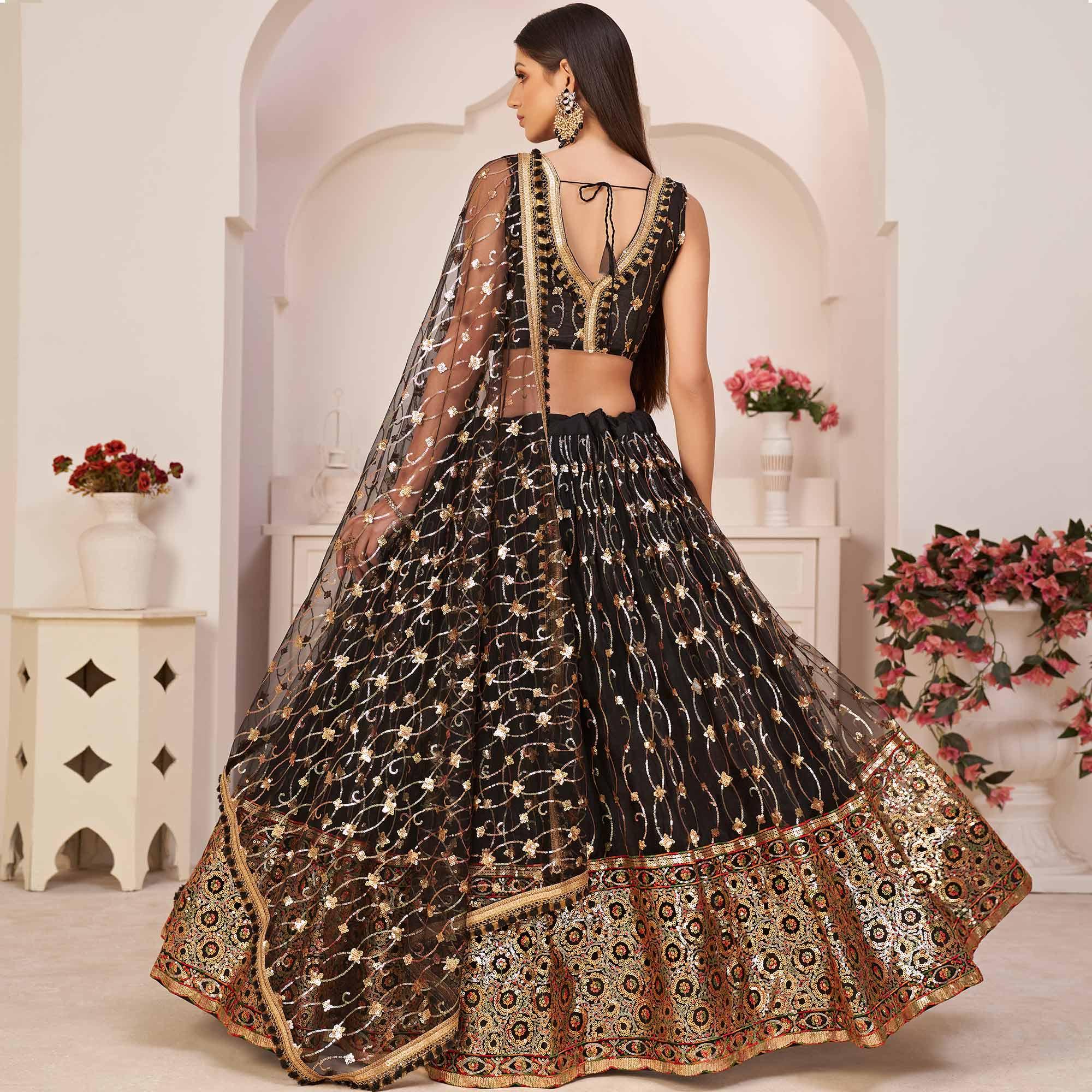 Black Festive Wear Embroidered Mono Net Lehenga Choli - Peachmode
