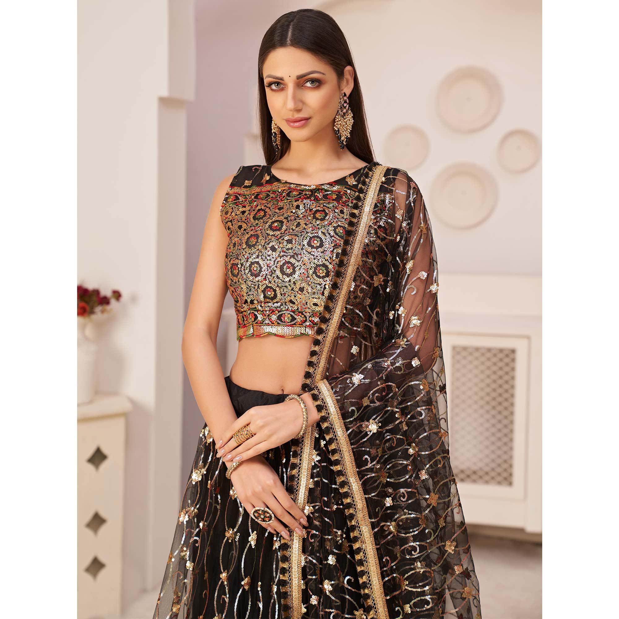 Black Festive Wear Embroidered Mono Net Lehenga Choli - Peachmode