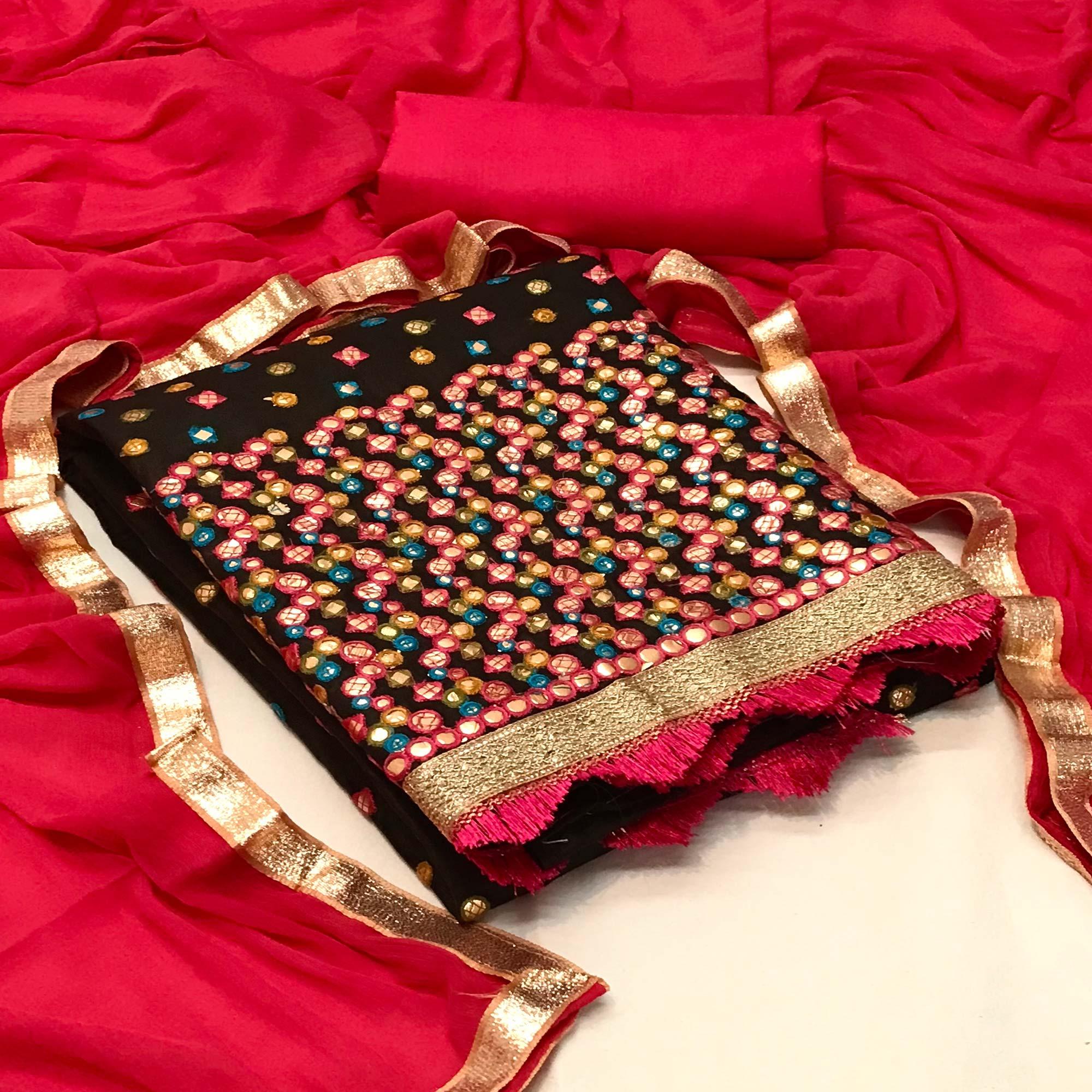 Black Festive Wear Embroidery With Embellished Cotton Dress Material - Peachmode