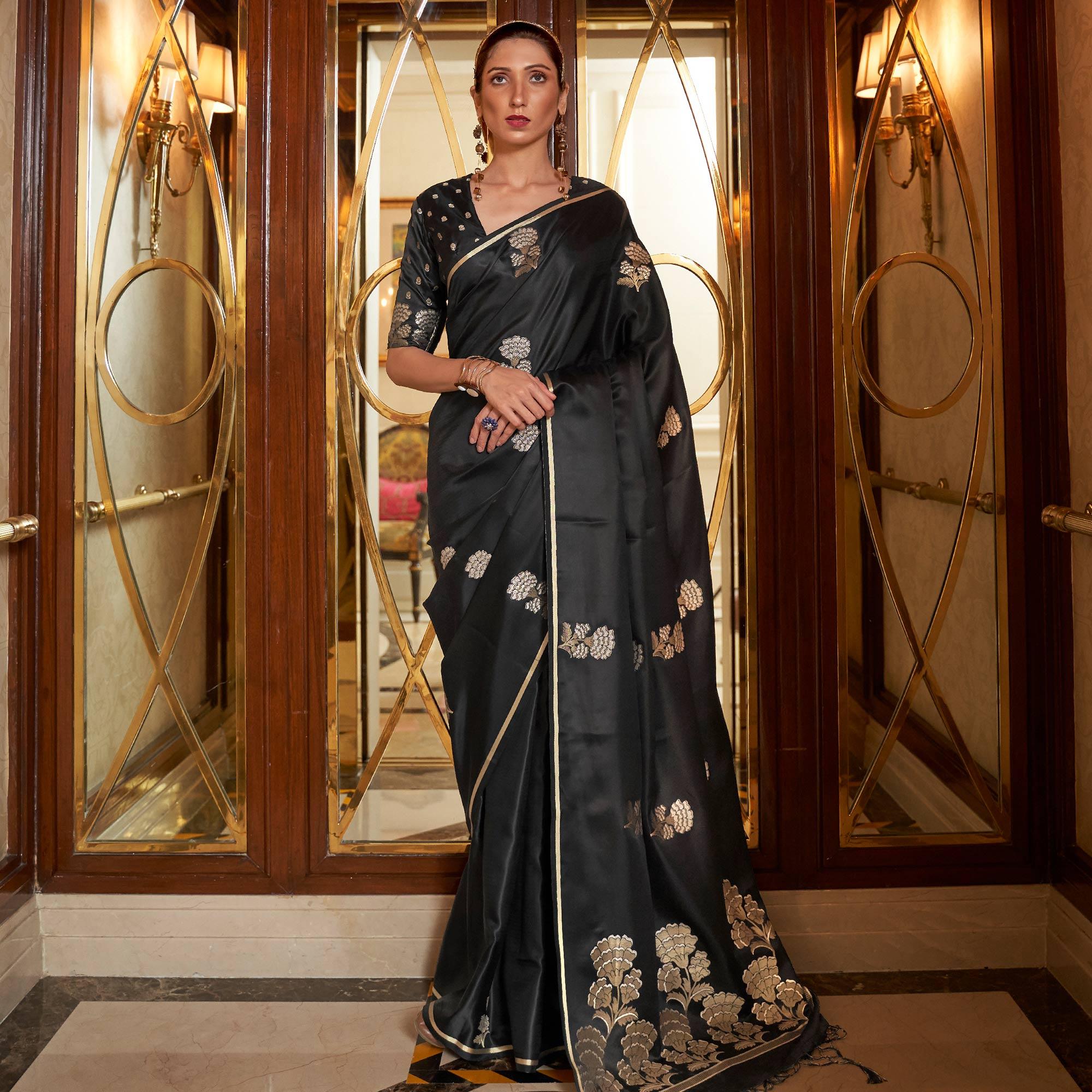 Black Festive Wear Floral Designer Woven Pure Satin Silk Saree - Peachmode