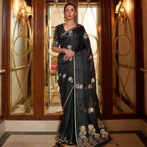 Black Festive Wear Floral Designer Woven Pure Satin Silk Saree - Peachmode