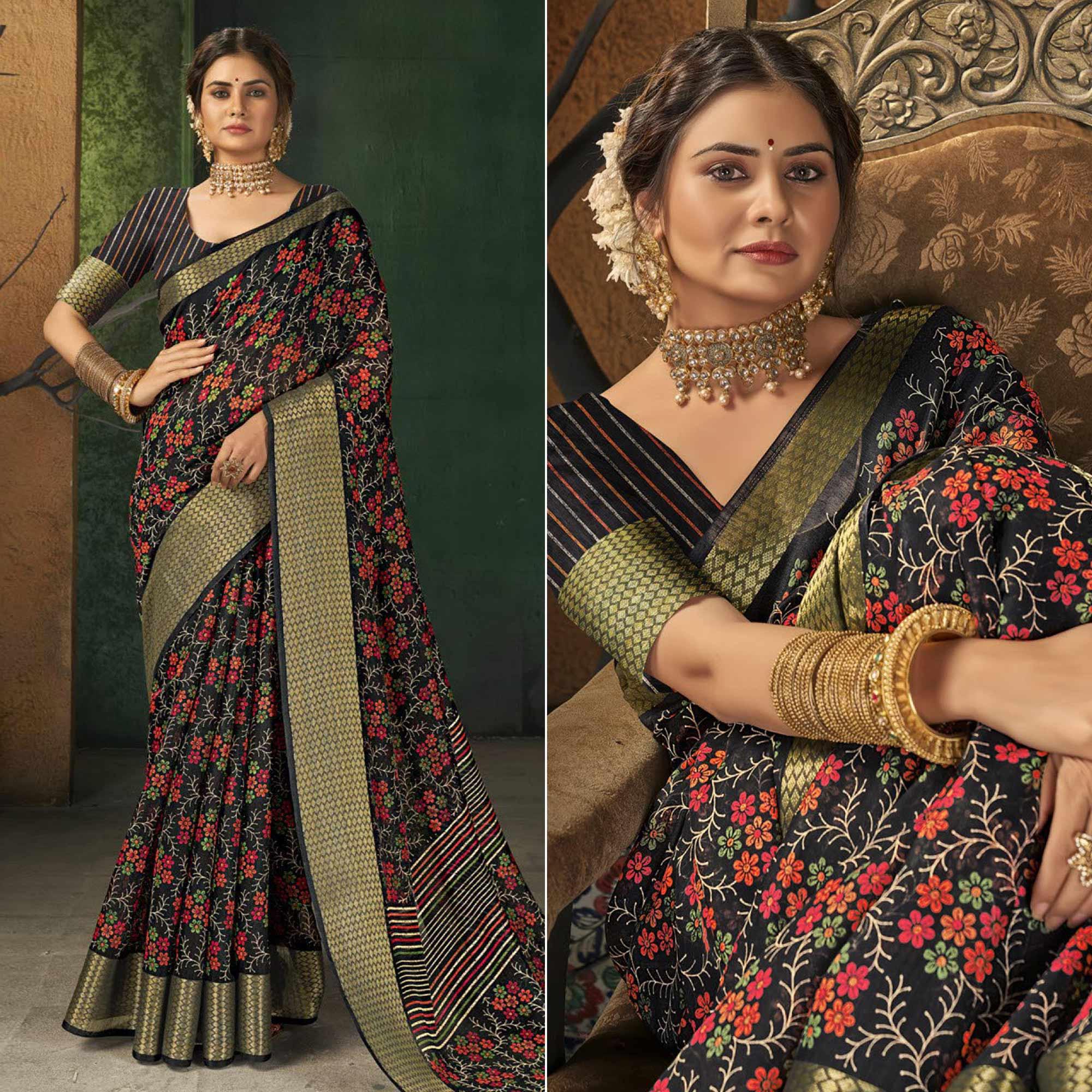 Black Festive Wear Floral Digital Printed Cotton Saree - Peachmode