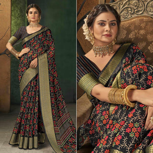Black Festive Wear Floral Digital Printed Cotton Saree - Peachmode
