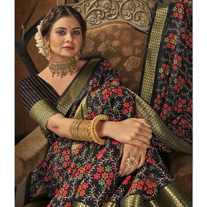 Black Festive Wear Floral Digital Printed Cotton Saree - Peachmode