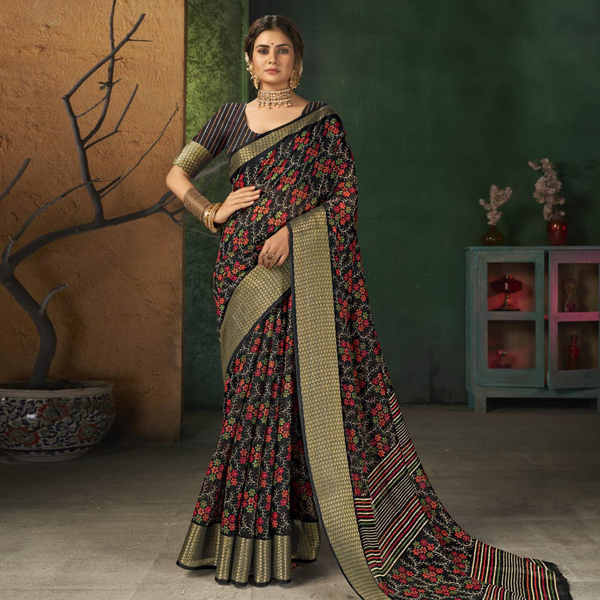 Black Festive Wear Floral Digital Printed Cotton Saree - Peachmode