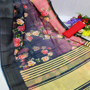 Black Festive Wear Floral Digital Printed With Woven Zari Border Cotton Saree - Peachmode