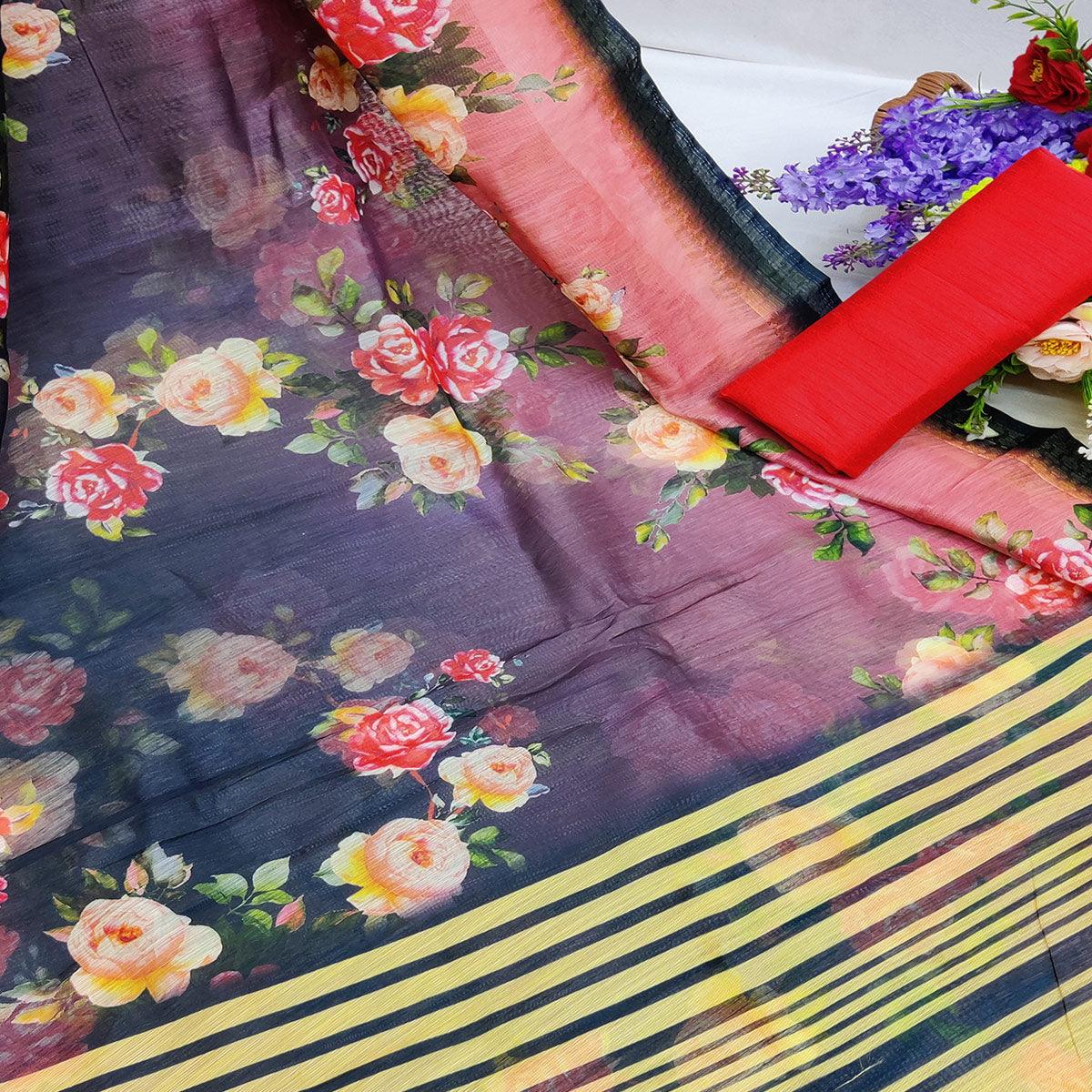 Black Festive Wear Floral Digital Printed With Woven Zari Border Cotton Saree - Peachmode