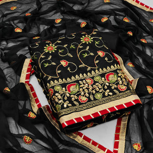 Black Festive Wear Floral Embroidered Chanderi Dress Material - Peachmode