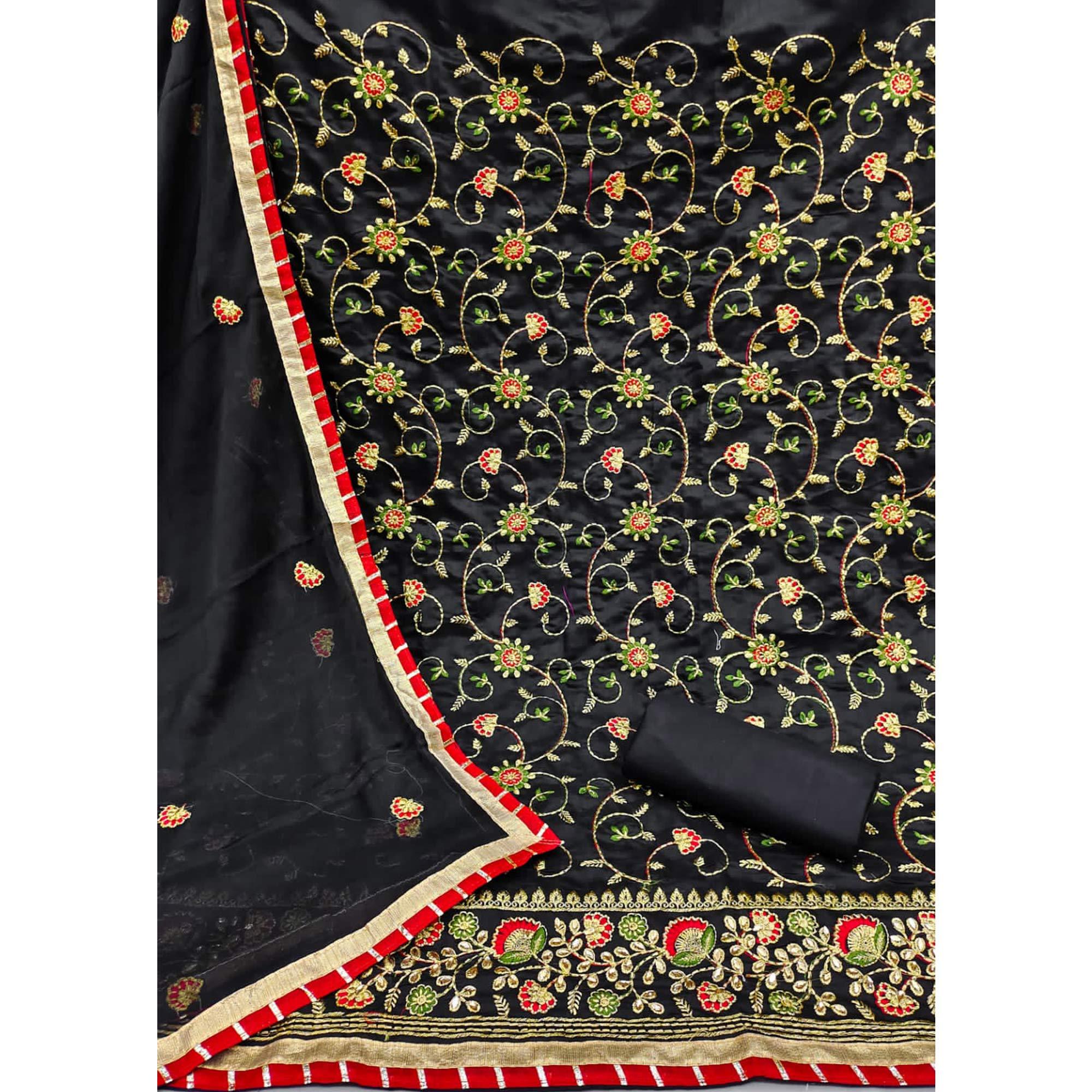 Black Festive Wear Floral Embroidered Chanderi Dress Material - Peachmode