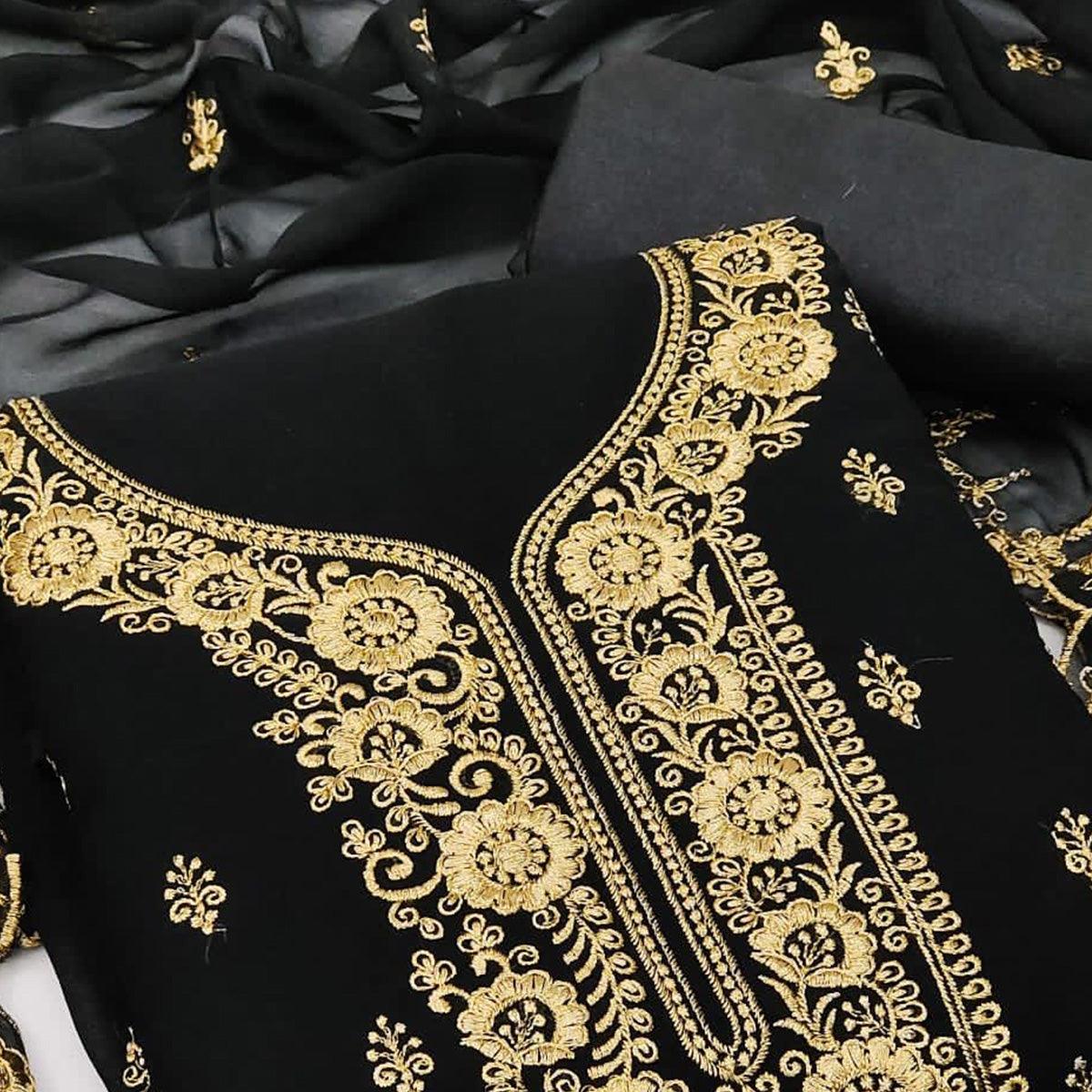 Black Festive Wear Floral Embroidered Georgette Dress Material - Peachmode