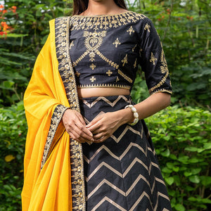 Black Festive Wear Floral Embroidery With Woven Silk Lehenga Choli - Peachmode