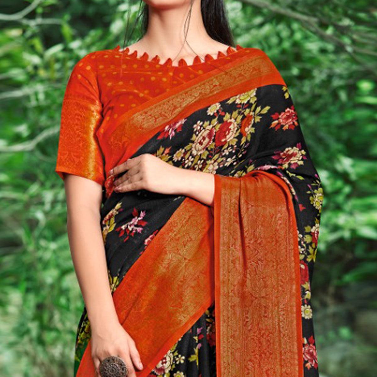 Black Festive Wear Floral Printed Linen Saree With Jacquard Border - Peachmode
