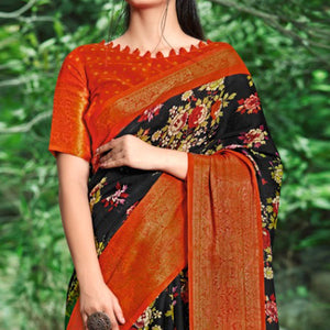 Black Festive Wear Floral Printed Linen Saree With Jacquard Border - Peachmode