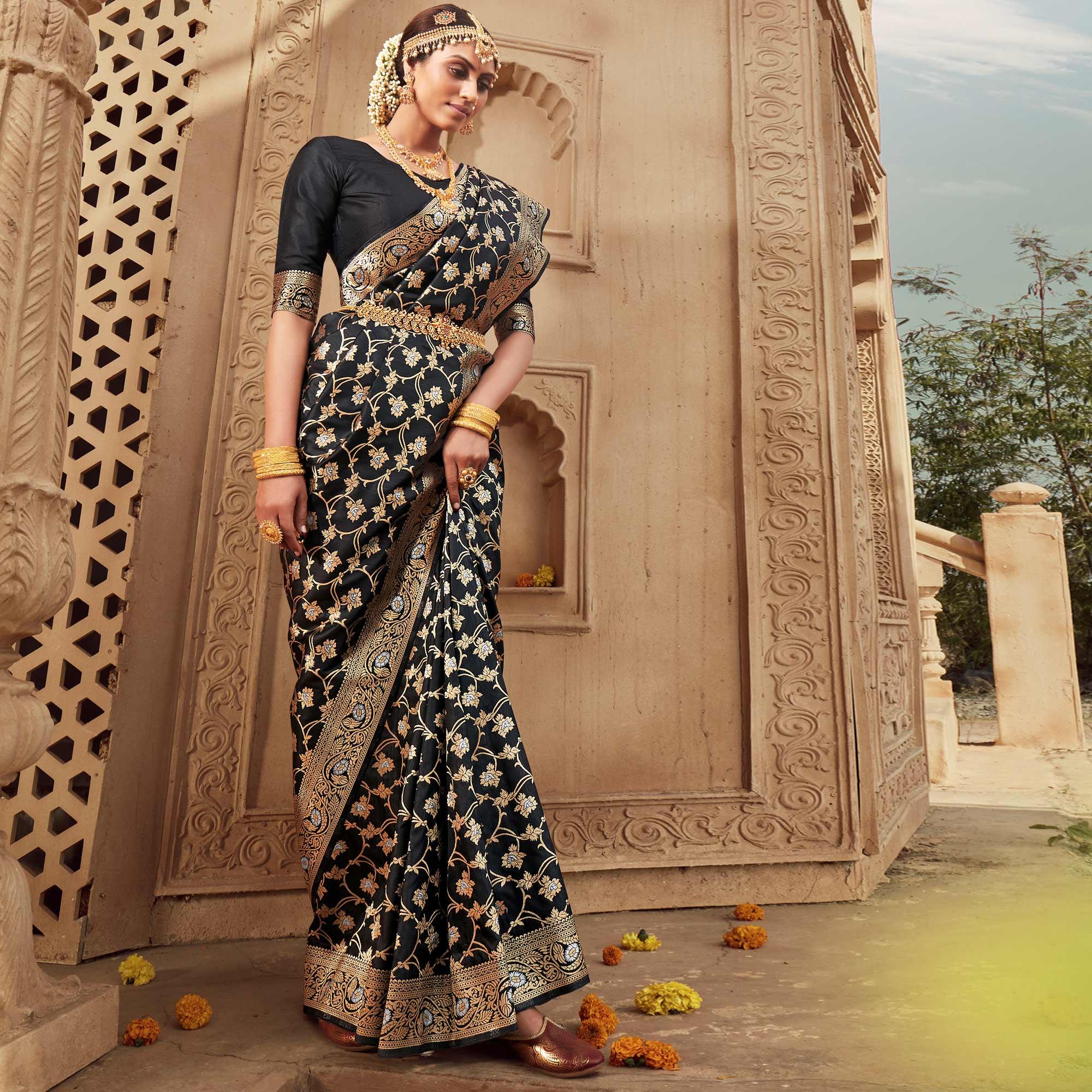 Black Festive Wear Floral Woven Banarasi Silk Saree - Peachmode
