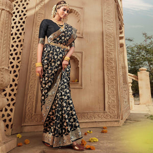 Black Festive Wear Floral Woven Banarasi Silk Saree - Peachmode