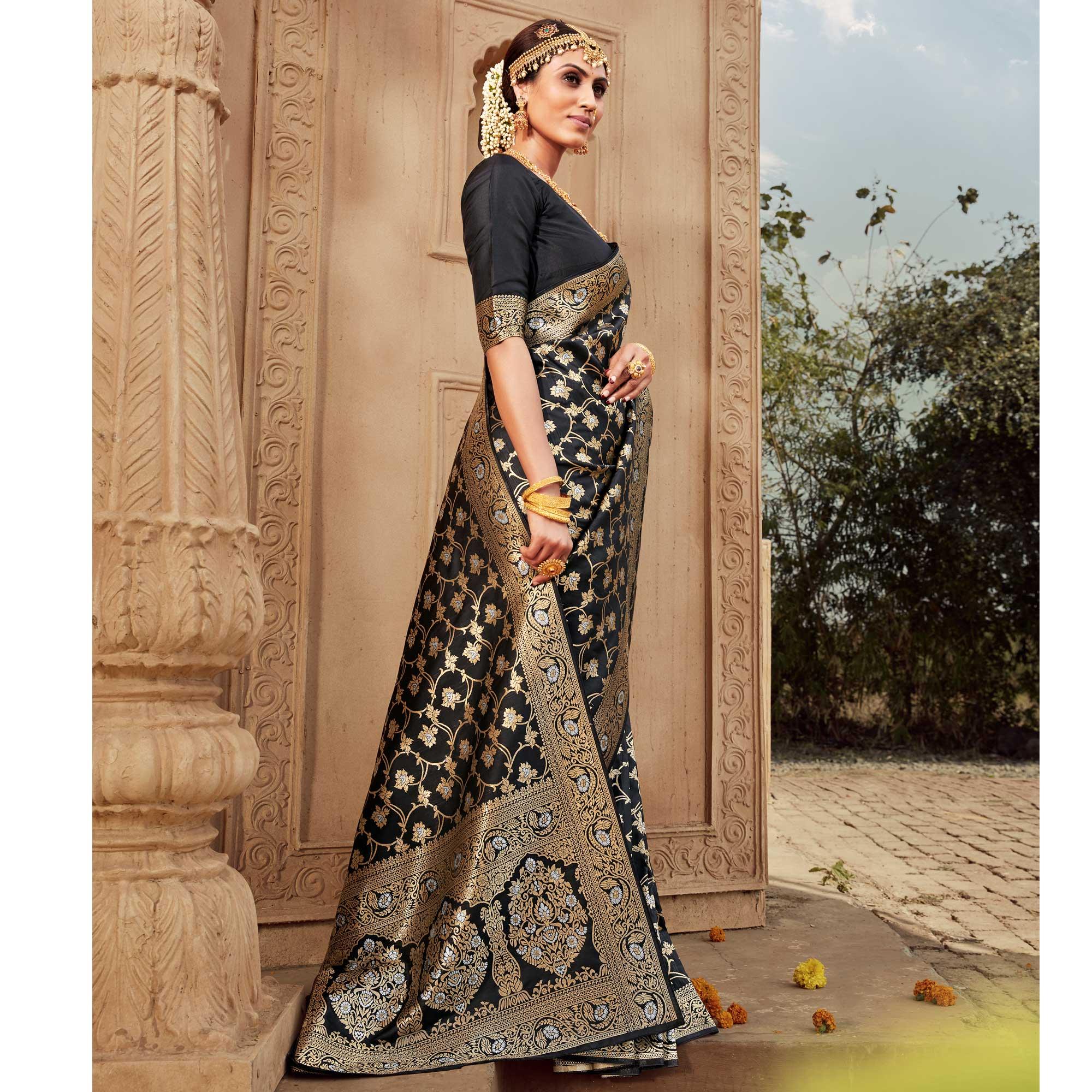 Black Festive Wear Floral Woven Banarasi Silk Saree - Peachmode