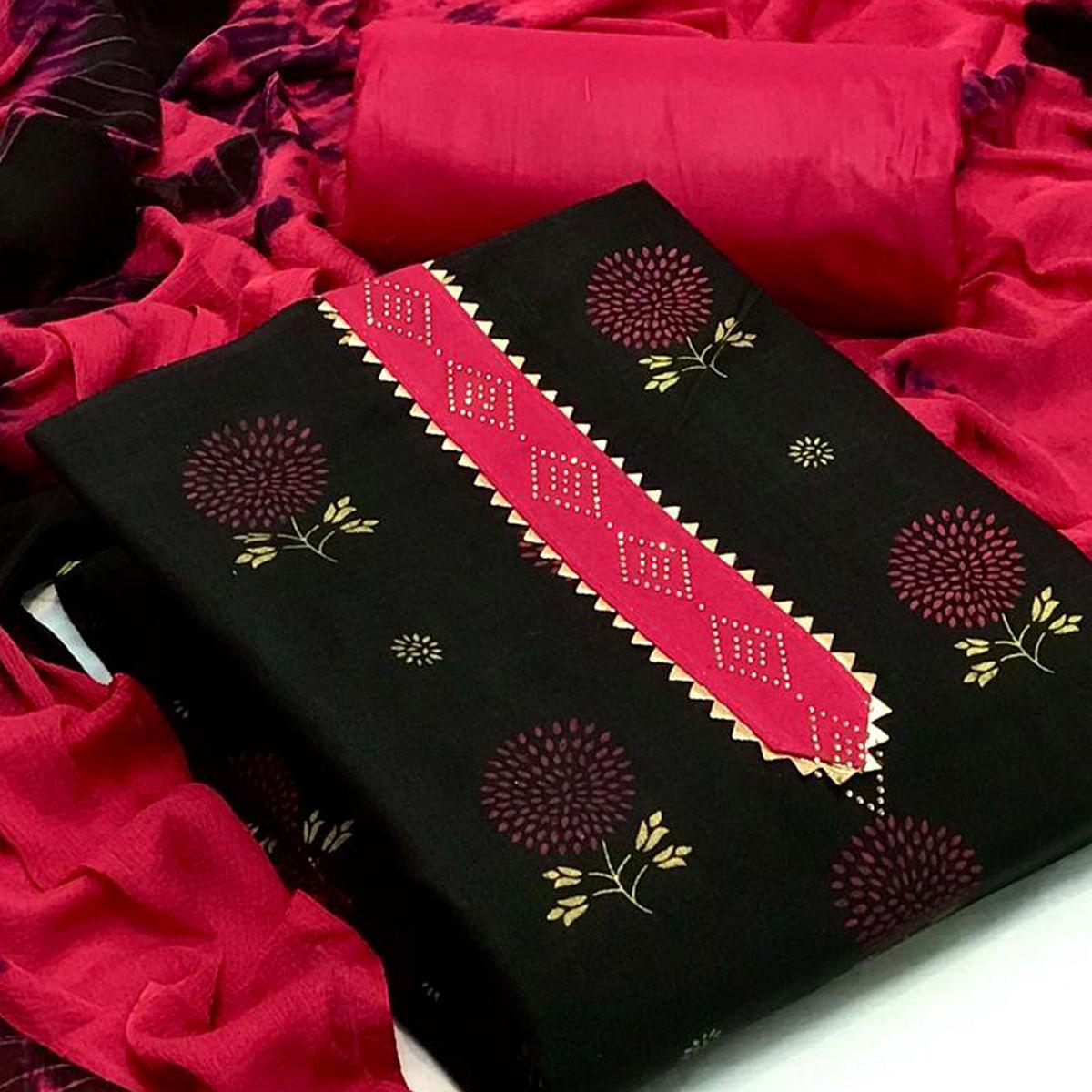 Black Festive Wear Foil Printed & Embellished Cotton Dress Material - Peachmode