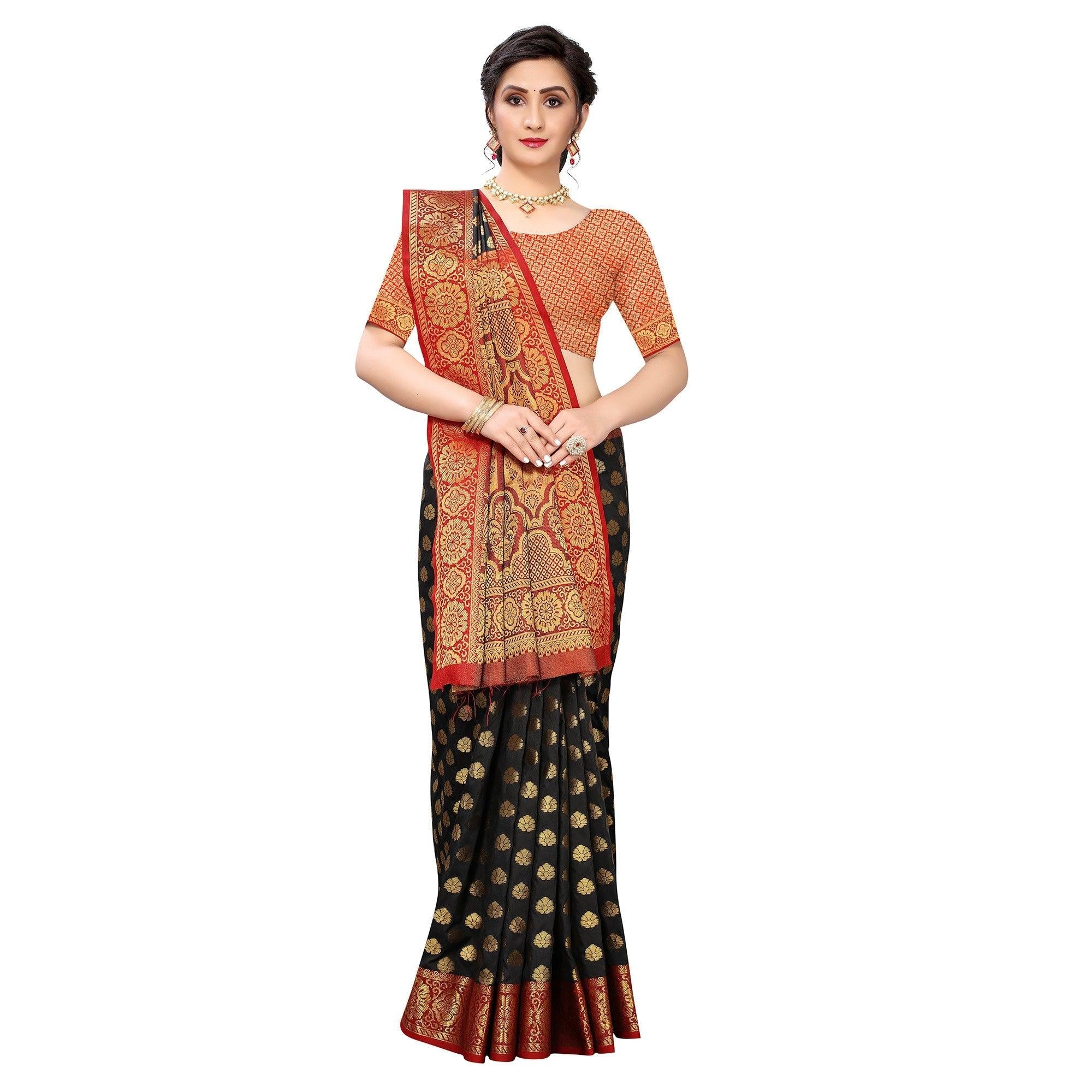 Black Festive Wear Jari Woven Heavy Silk Saree - Peachmode