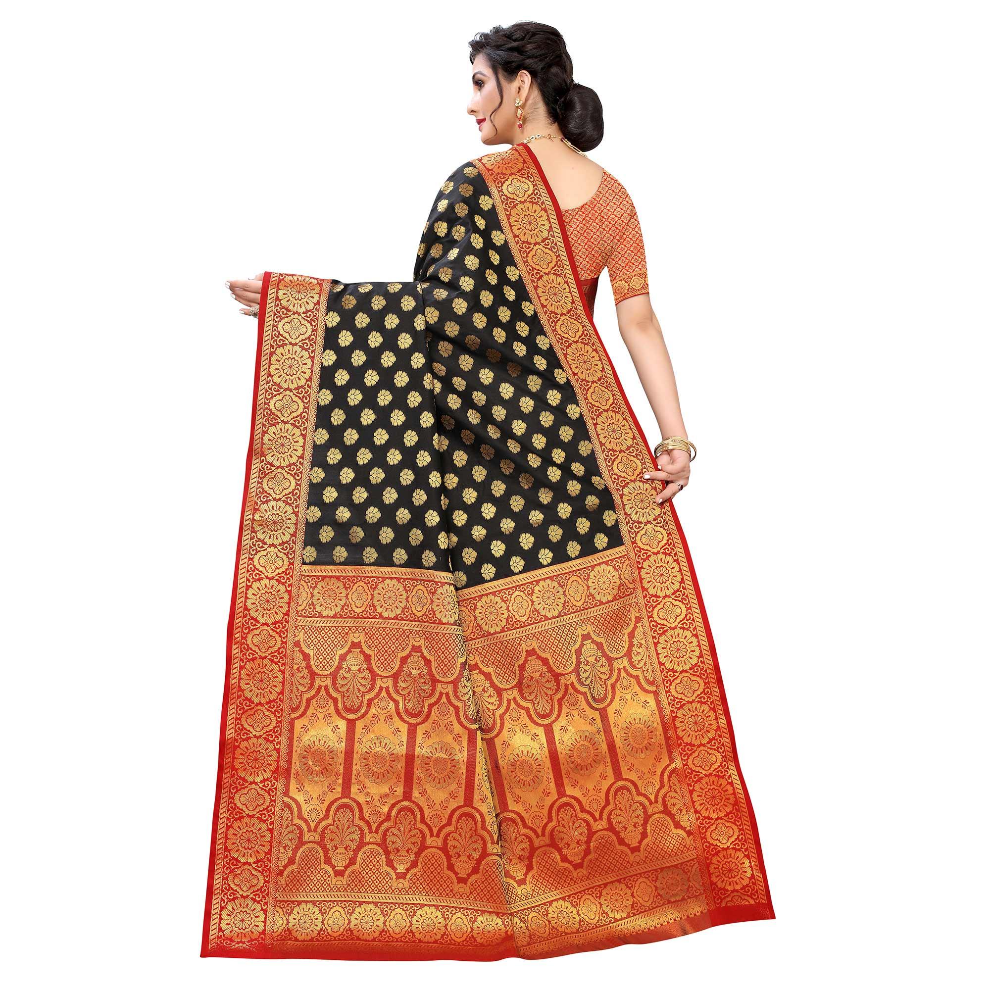 Black Festive Wear Jari Woven Heavy Silk Saree - Peachmode