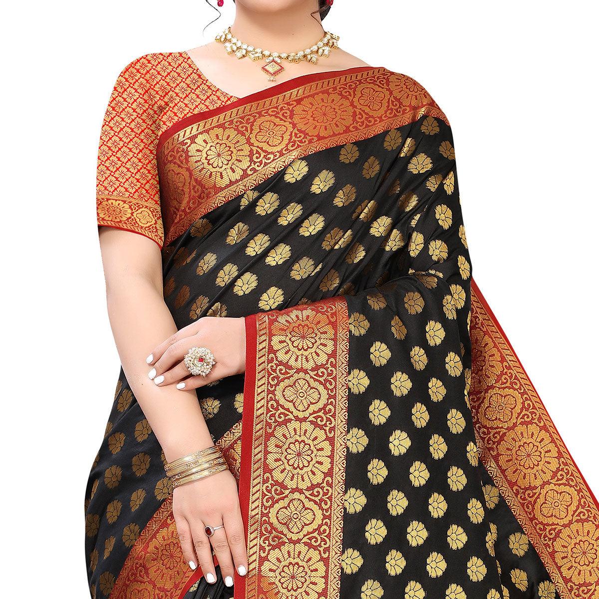 Black Festive Wear Jari Woven Heavy Silk Saree - Peachmode