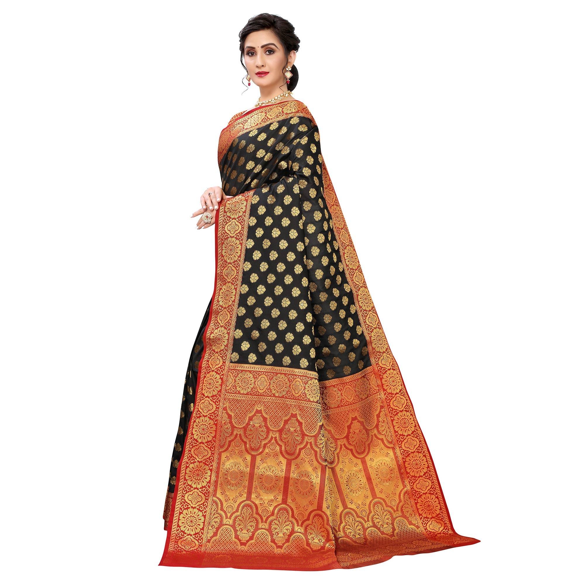 Black Festive Wear Jari Woven Heavy Silk Saree - Peachmode