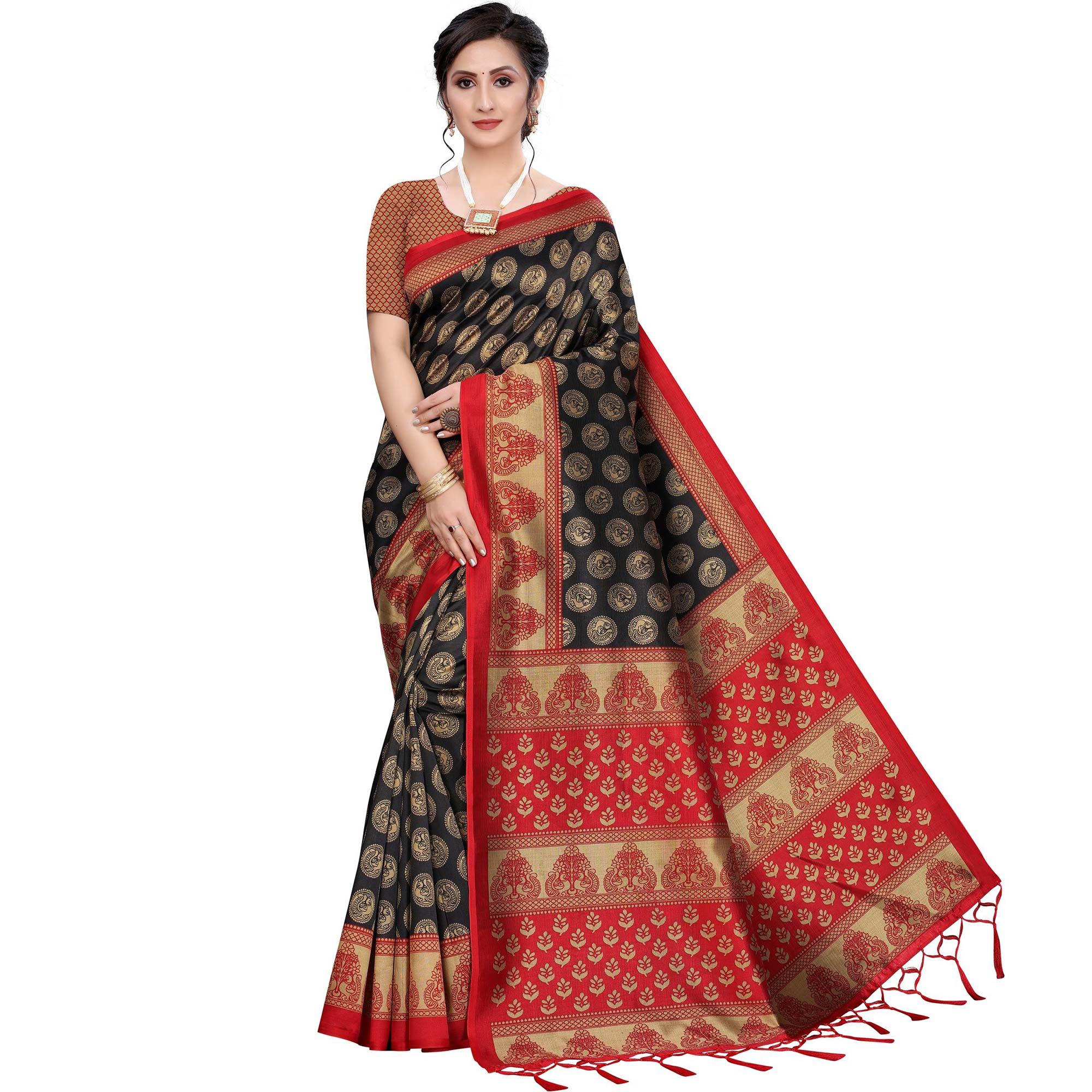 Black Festive Wear Printed Art Silk Saree With Tassels - Peachmode