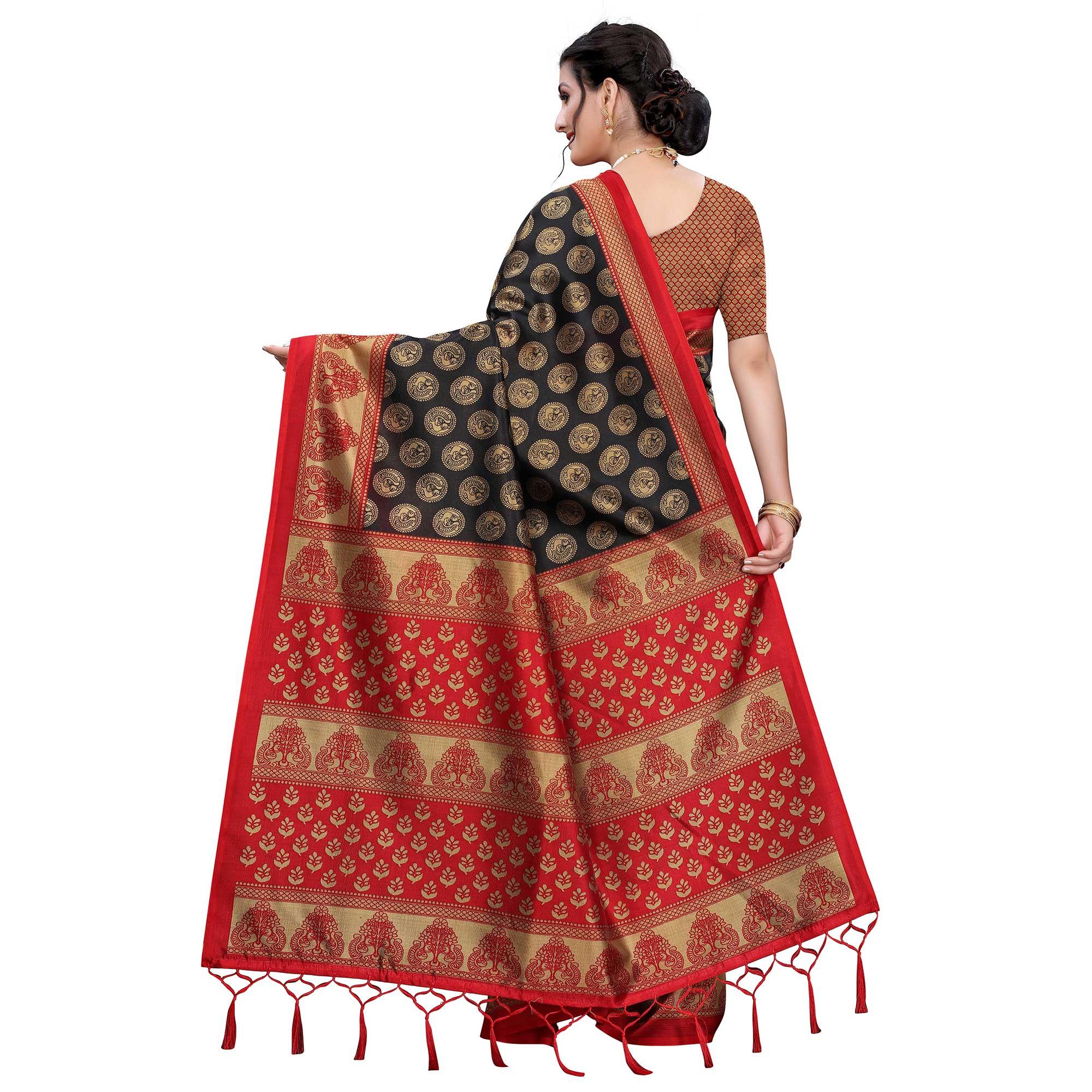 Black Festive Wear Printed Art Silk Saree With Tassels - Peachmode