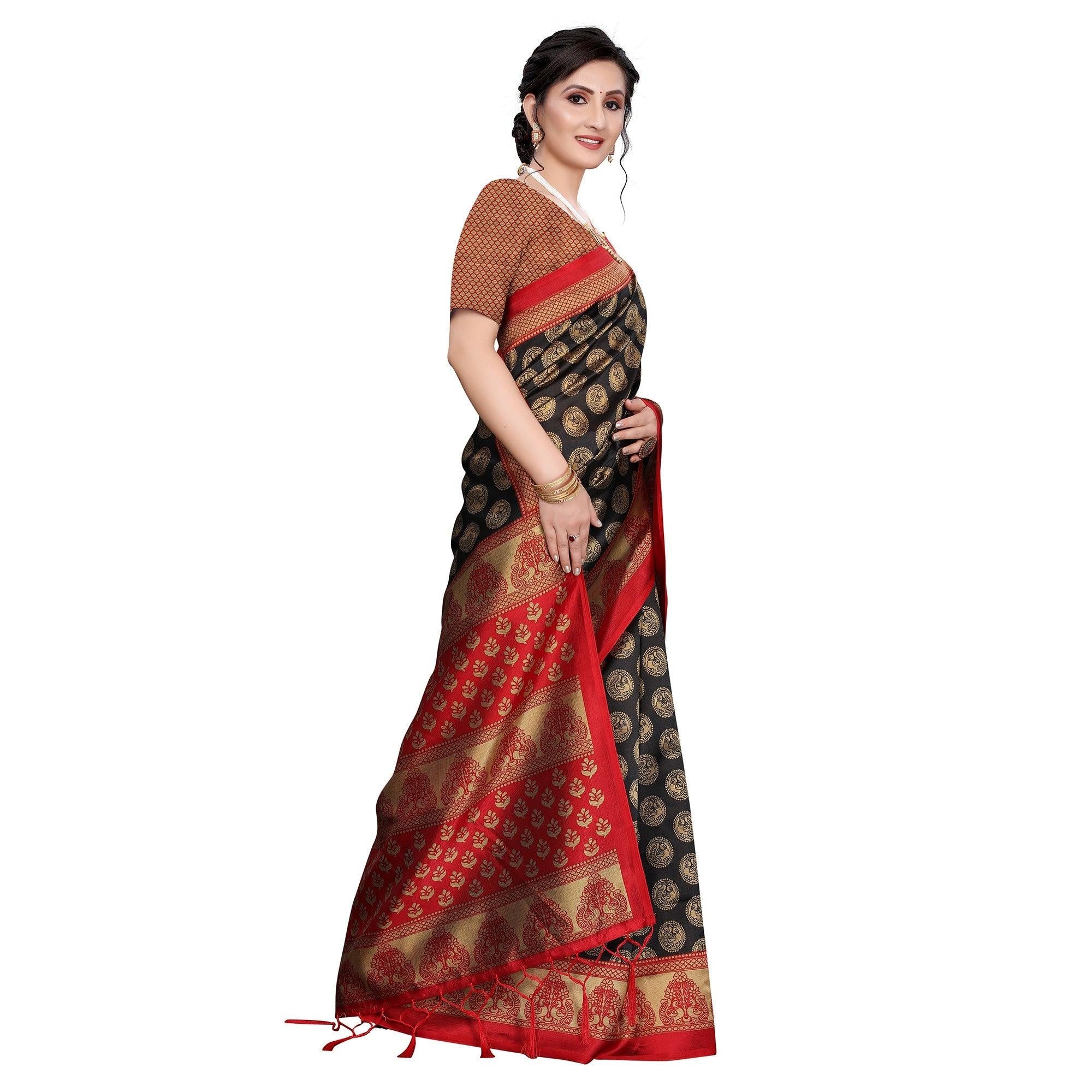 Black Festive Wear Printed Art Silk Saree With Tassels - Peachmode