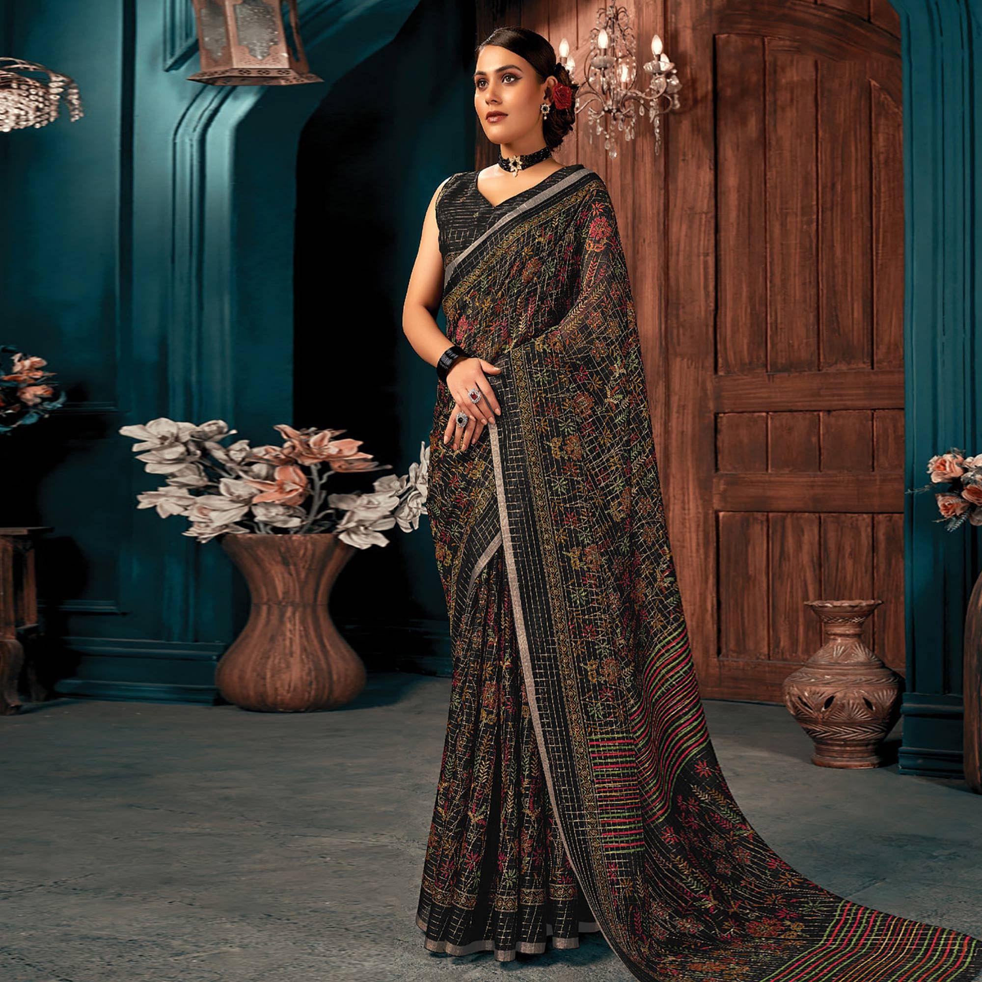 Black Festive Wear Printed Cotton Saree - Peachmode