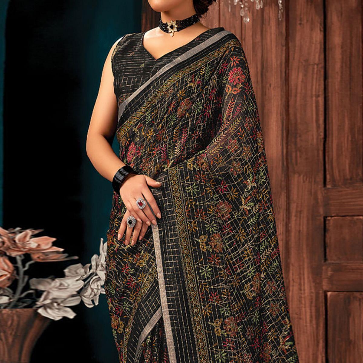 Black Festive Wear Printed Cotton Saree - Peachmode