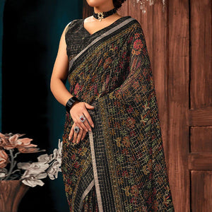 Black Festive Wear Printed Cotton Saree - Peachmode
