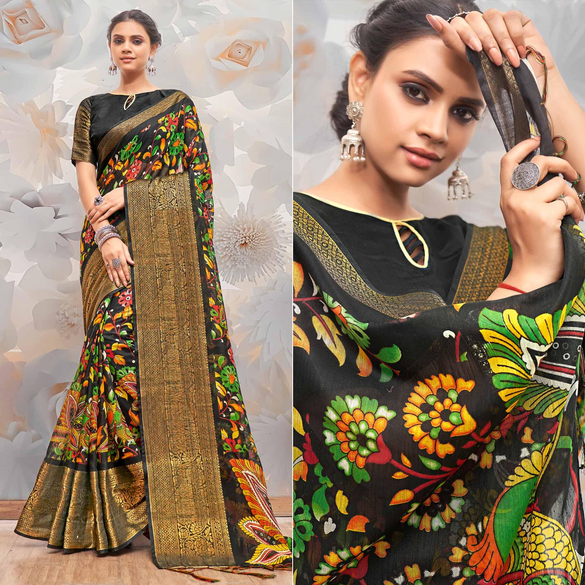 Black Festive Wear Printed Cotton Silk Saree - Peachmode