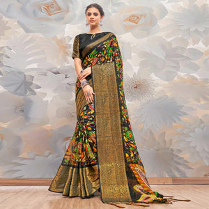 Black Festive Wear Printed Cotton Silk Saree - Peachmode