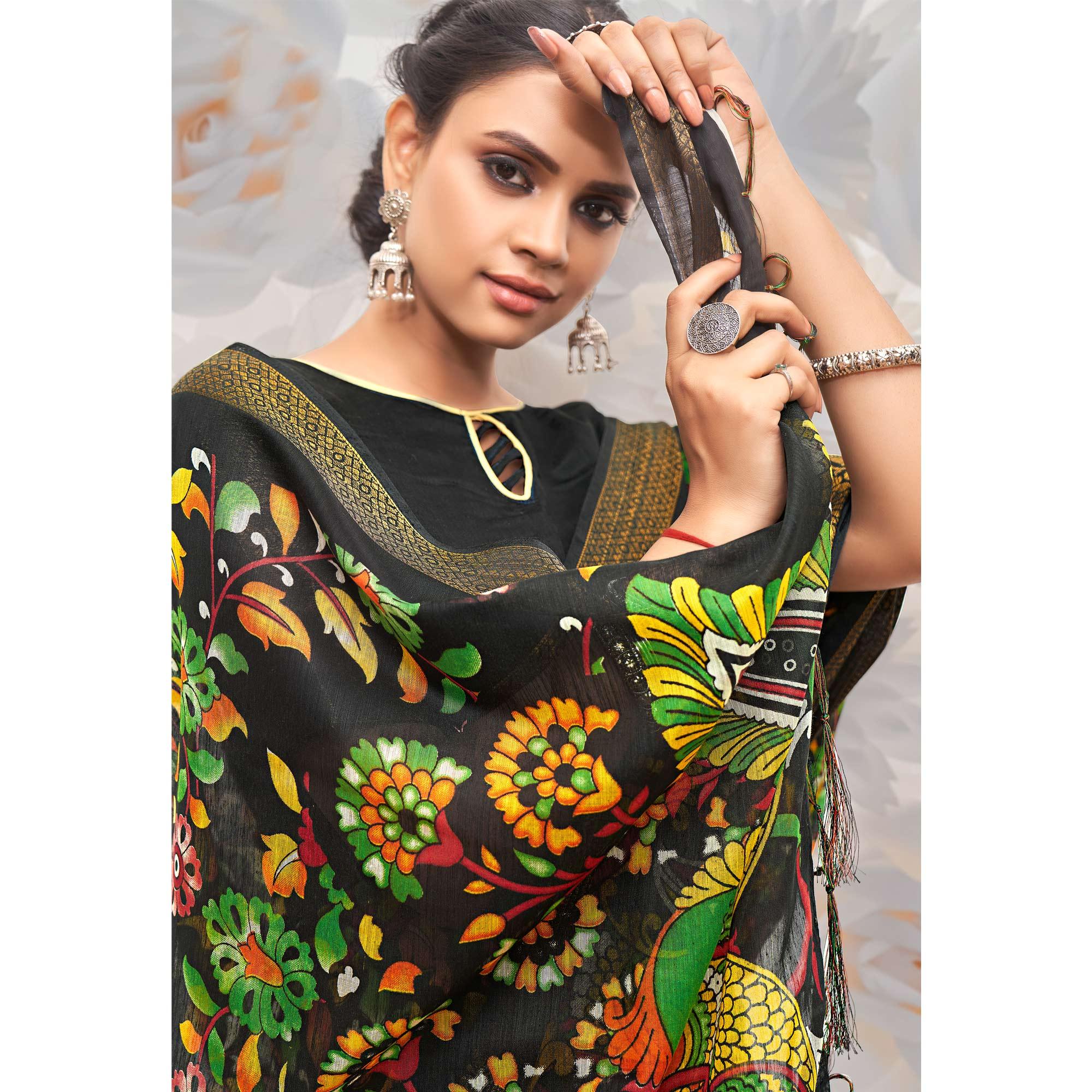 Black Festive Wear Printed Cotton Silk Saree - Peachmode