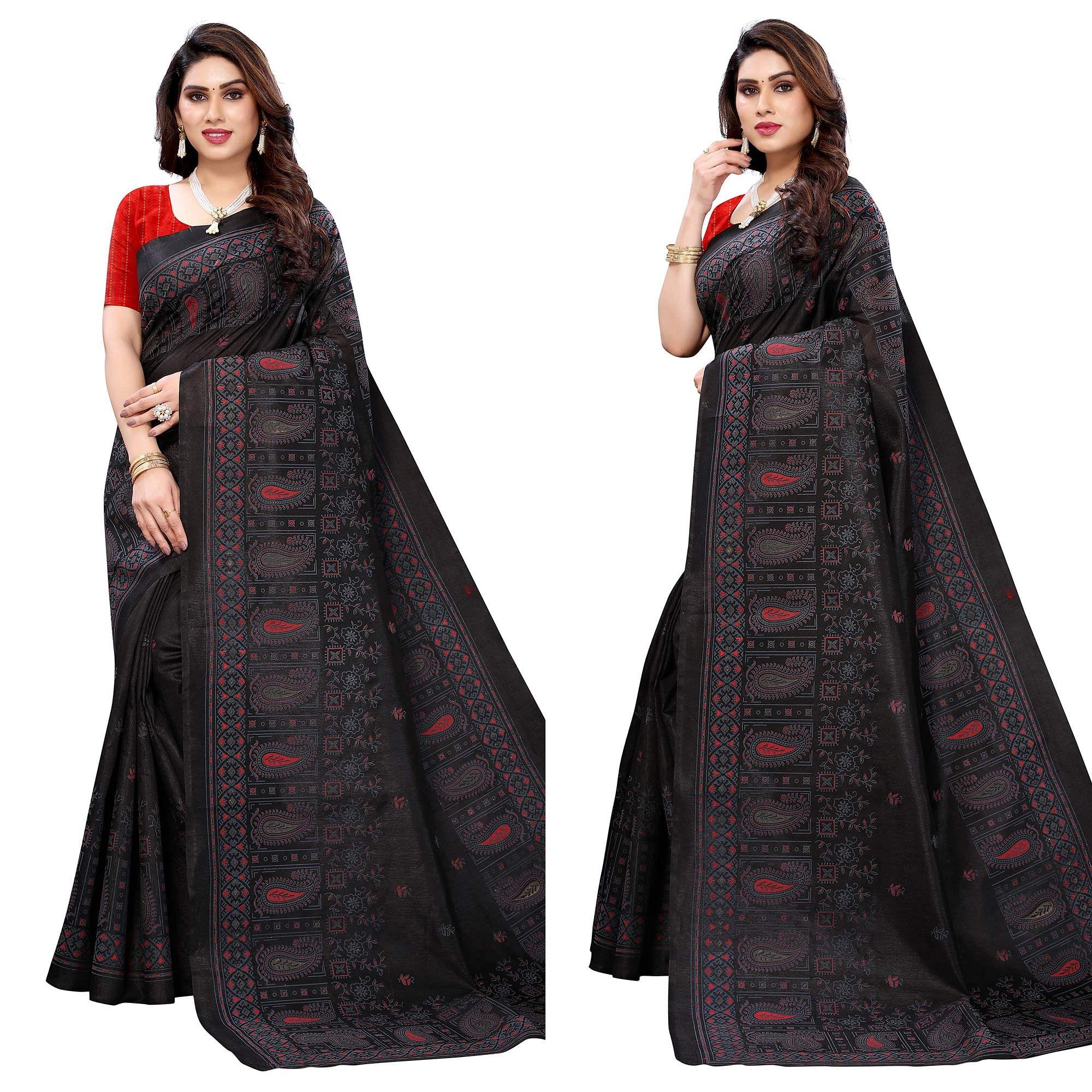 Black Festive Wear Printed Cotton Silk Saree - Peachmode