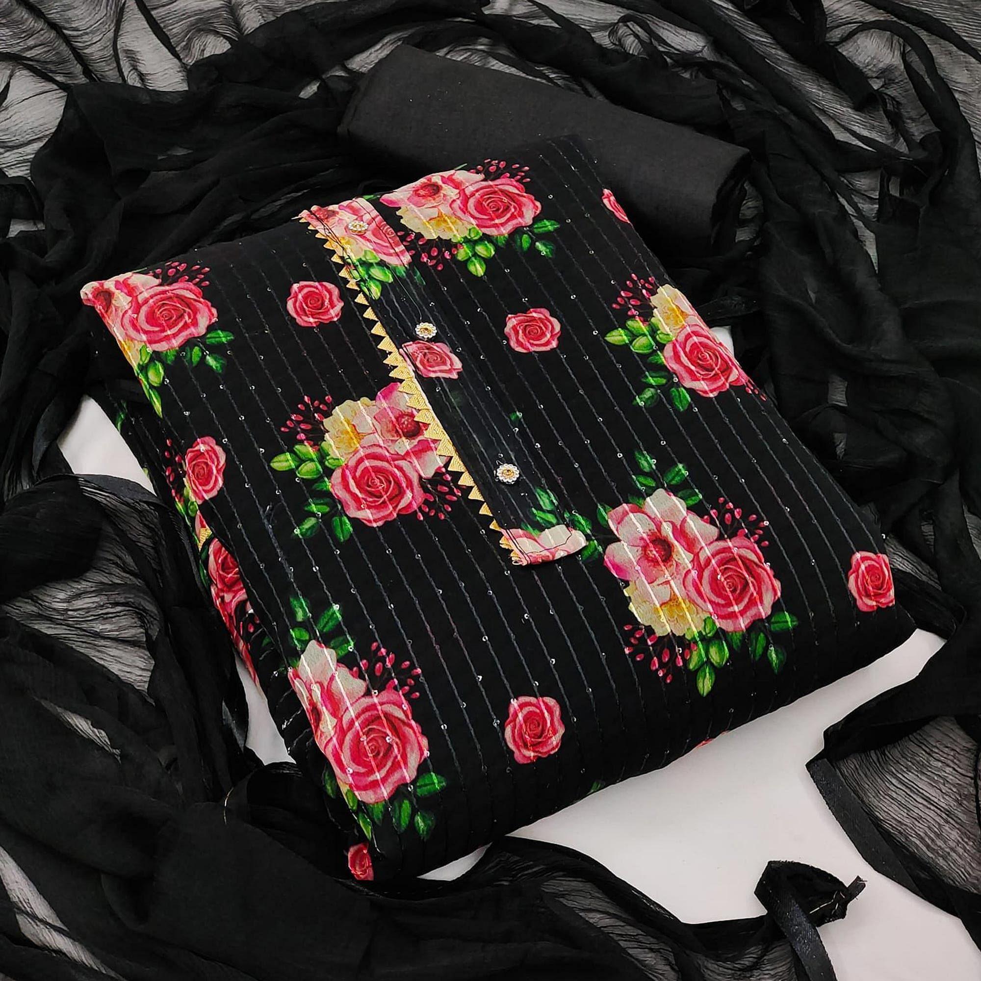 Black Festive Wear Sequence Embroidered Georgette Dress Material - Peachmode