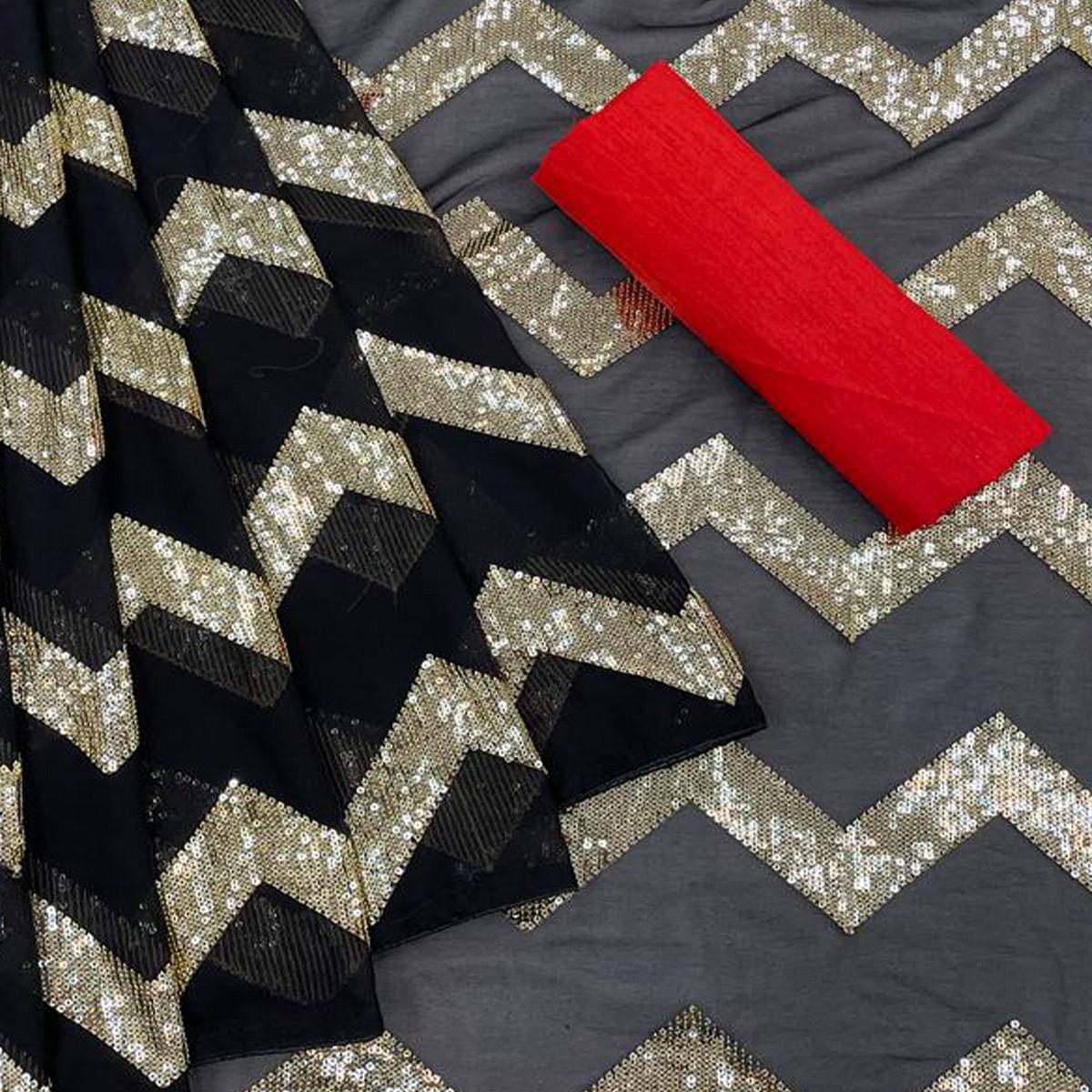 Black Festive Wear Sequence Embroidered Georgette Saree - Peachmode