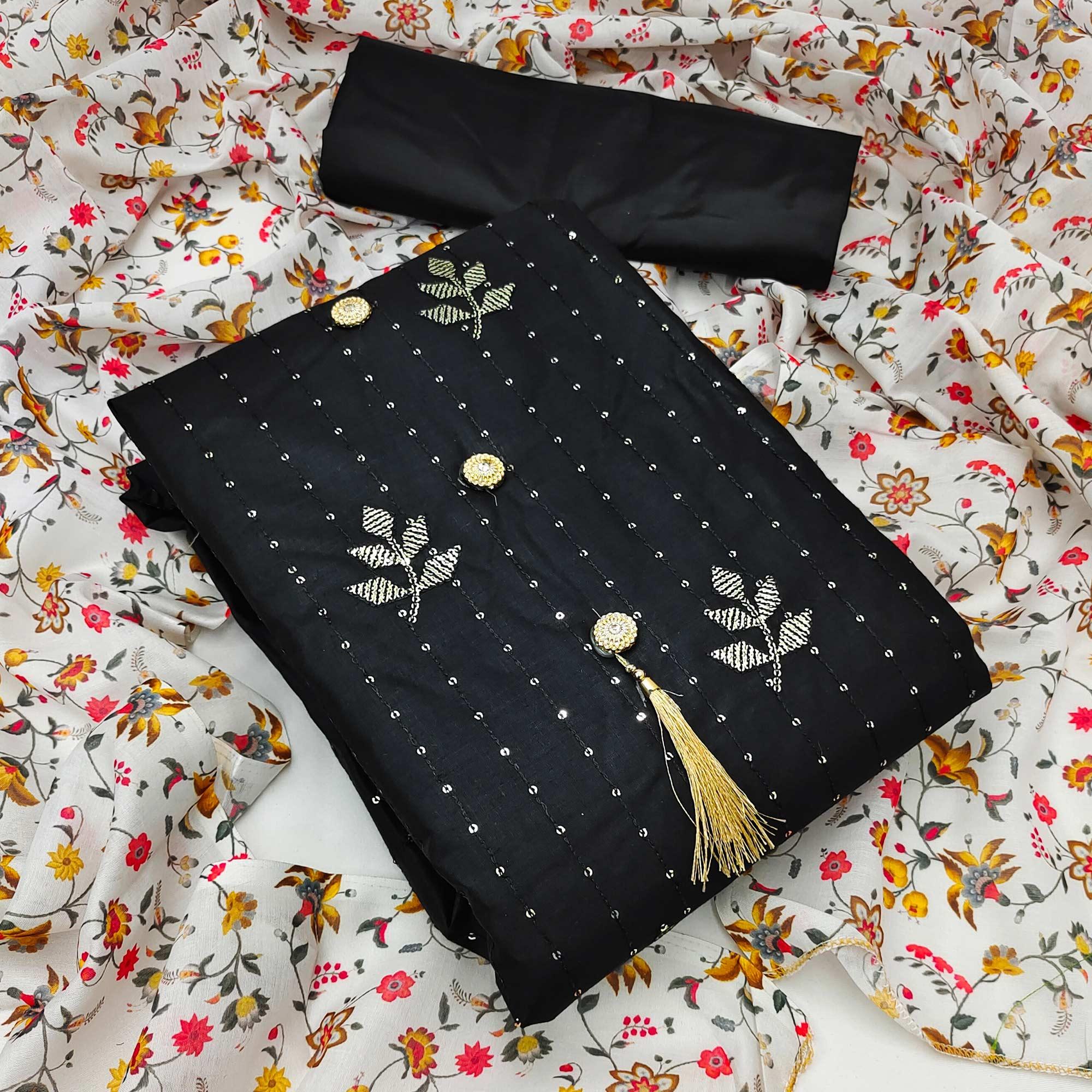 Black Festive Wear Sequence Work Cotton Dress Material - Peachmode