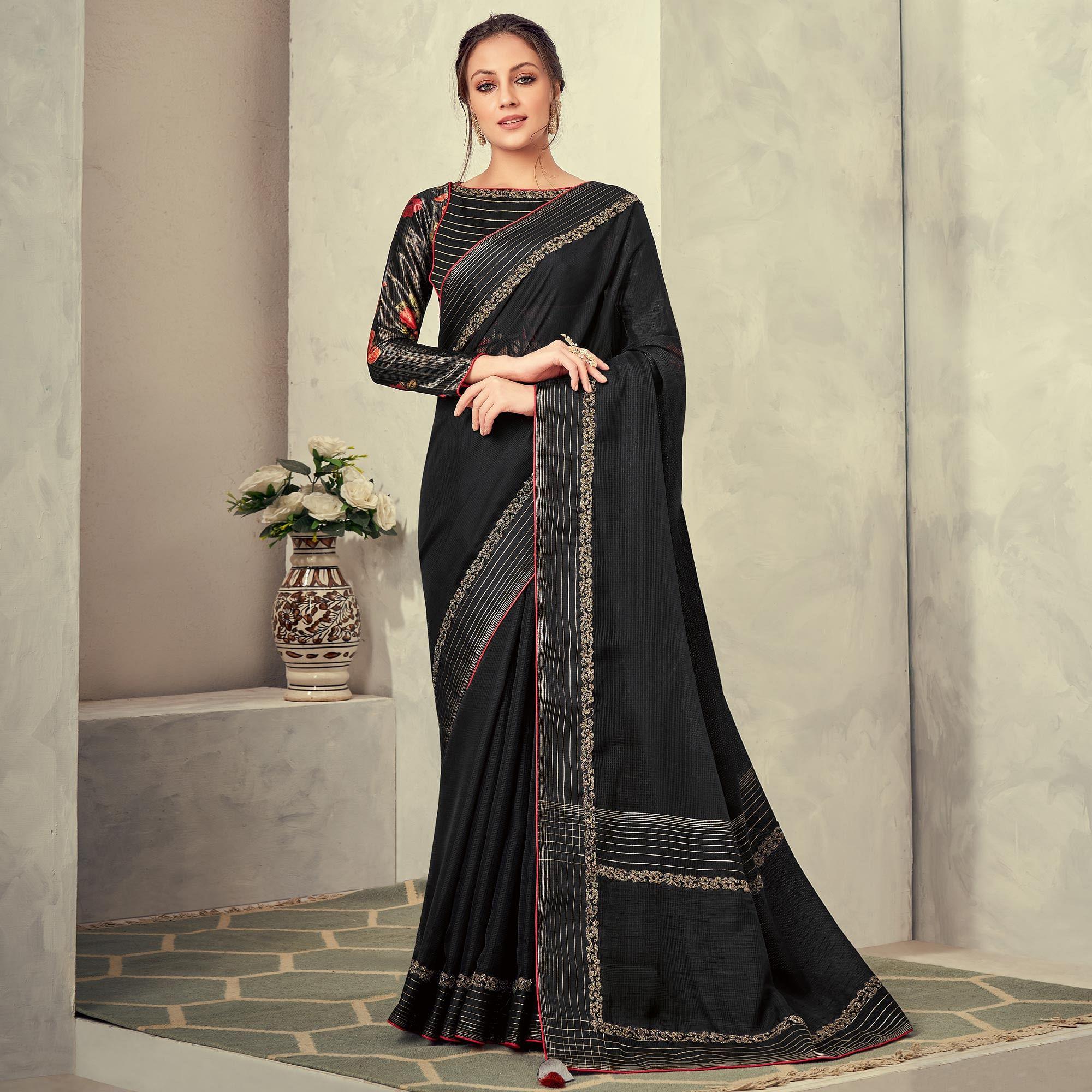 Black Festive Wear Solid With Lace Border Weaved Silk Saree - Peachmode